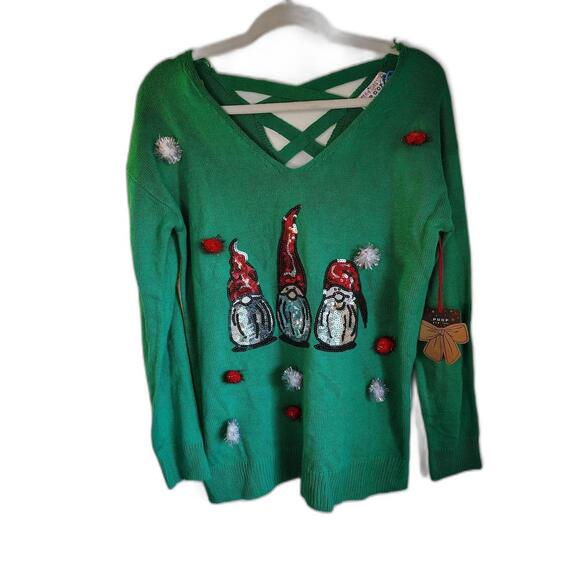 Women size M Green Santa Sweater with Pom Poms NWT - Picture 2 of 9